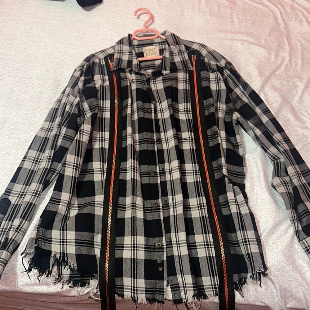 First of A Kind Distressed Black Plaid Shirt with Zipper Details